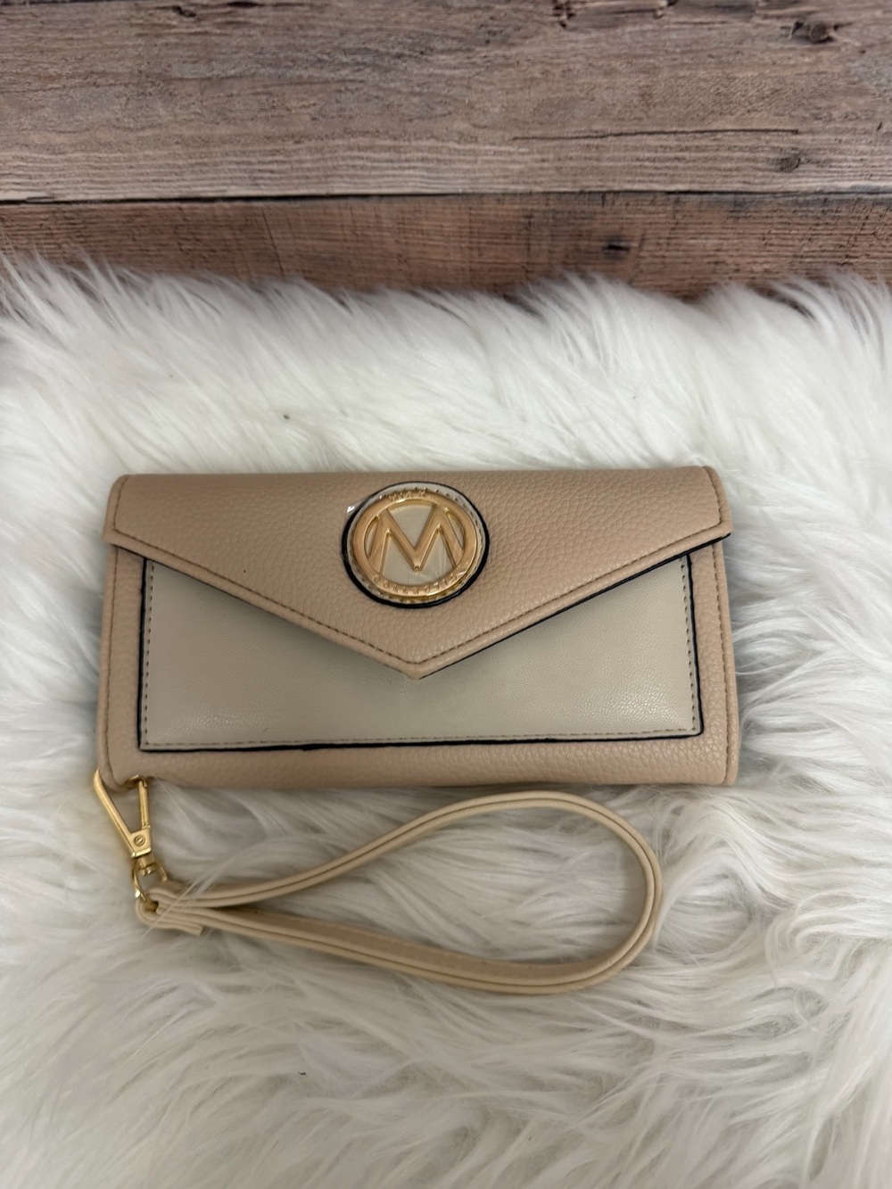 Beige Two-Tone Wristlet Wallet with Gold Emblem